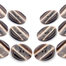12 Oval-Style Buttons, 28mm Wide, Carved Stripes Design, Brown, Textured