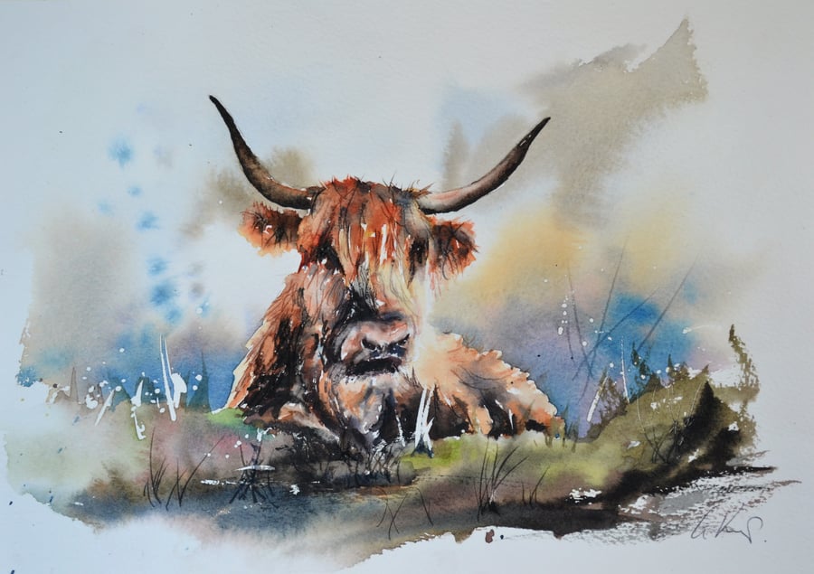 Highland Cow, Original Watercolour Painting.