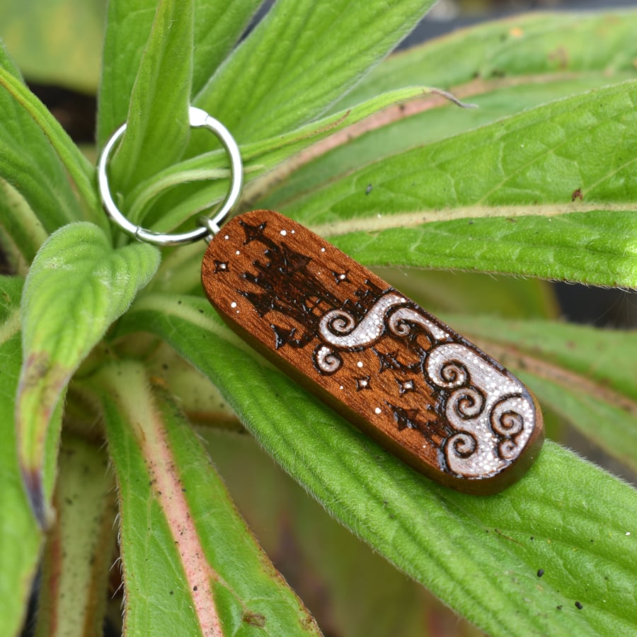 Magical Fungi Snail. Pyrography key ring.