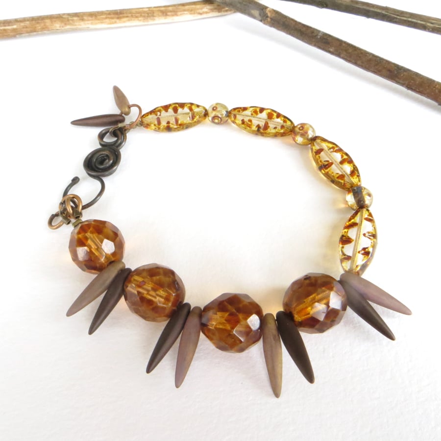 SALE Amber Spike Bracelet, Topaz and Brass Bracelet with copper clasp