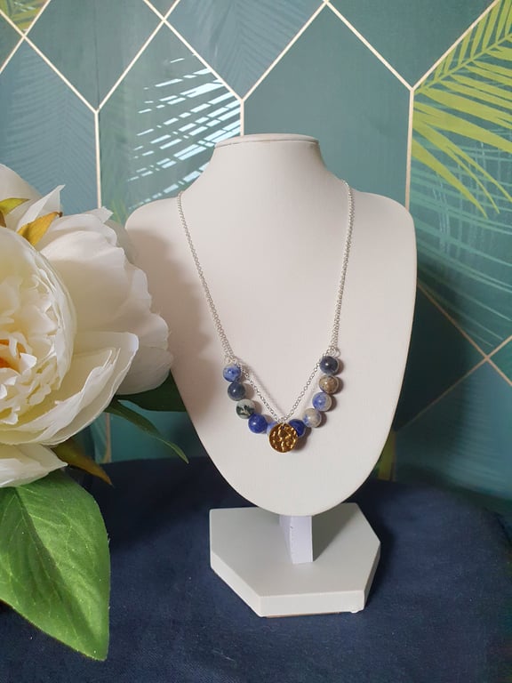 Natural blue sodalite gemstone silver layered necklace
