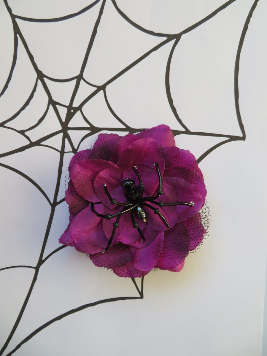 Amethyst Purple & Black Crystal Spider Bridal Brooch Corsage Buttonhole Wedding