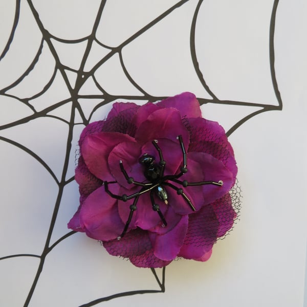 Amethyst Purple & Black Crystal Spider Bridal Brooch Corsage Buttonhole Wedding