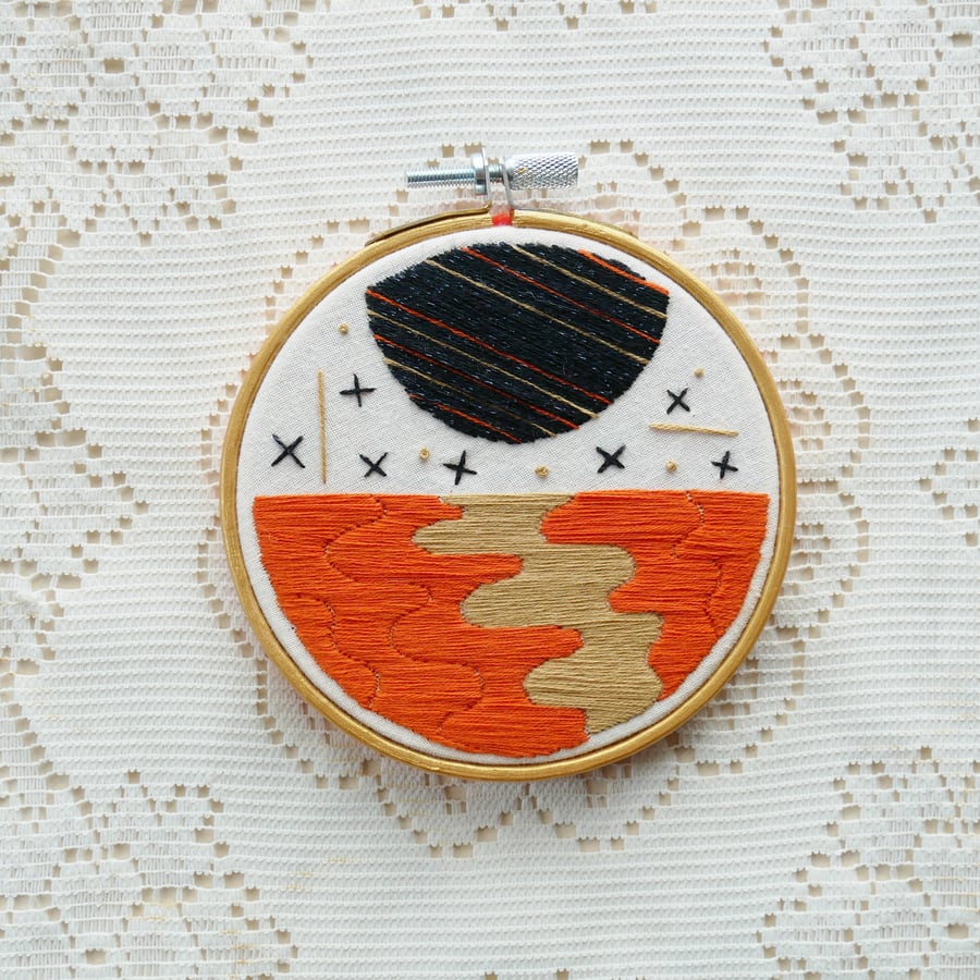 Space and Time 4 Inch embroidered piece in Orange, Black and Gold