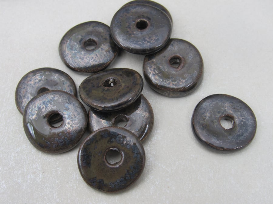 10 Medium Obsidian Glazed Ceramic Washer Beads