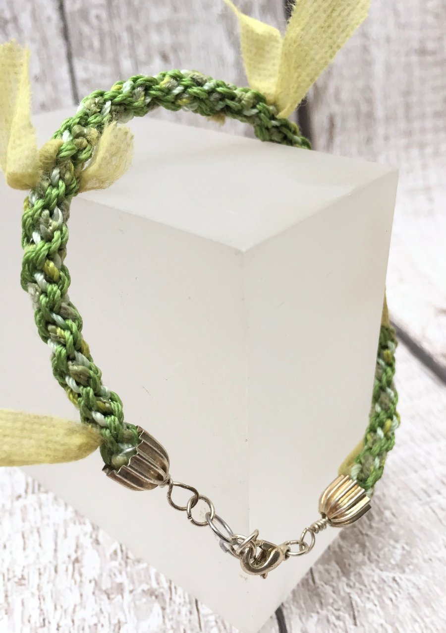 Green tufted yarn Kumihimo or Japanese braided bracelet