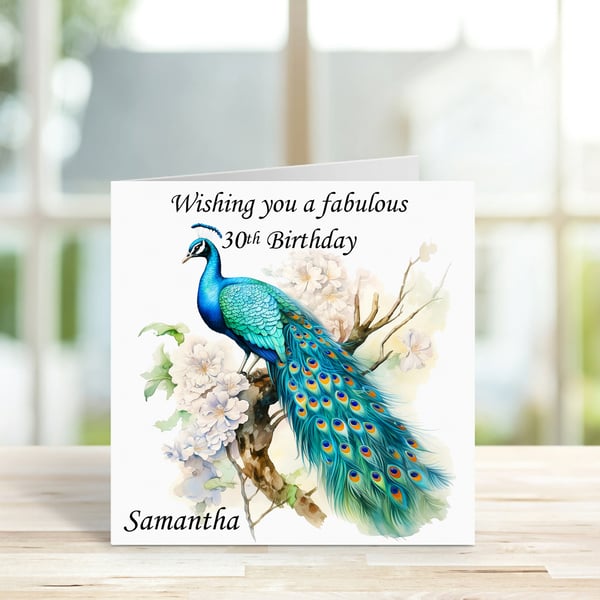 Personalised Beautiful Elegant Peacock Birthday Card. Design 6