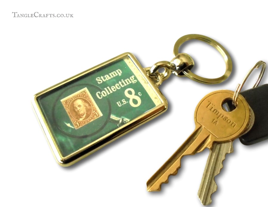 Stamp Collector Keyring - upcycled vintage postage stamp from USA, 1972