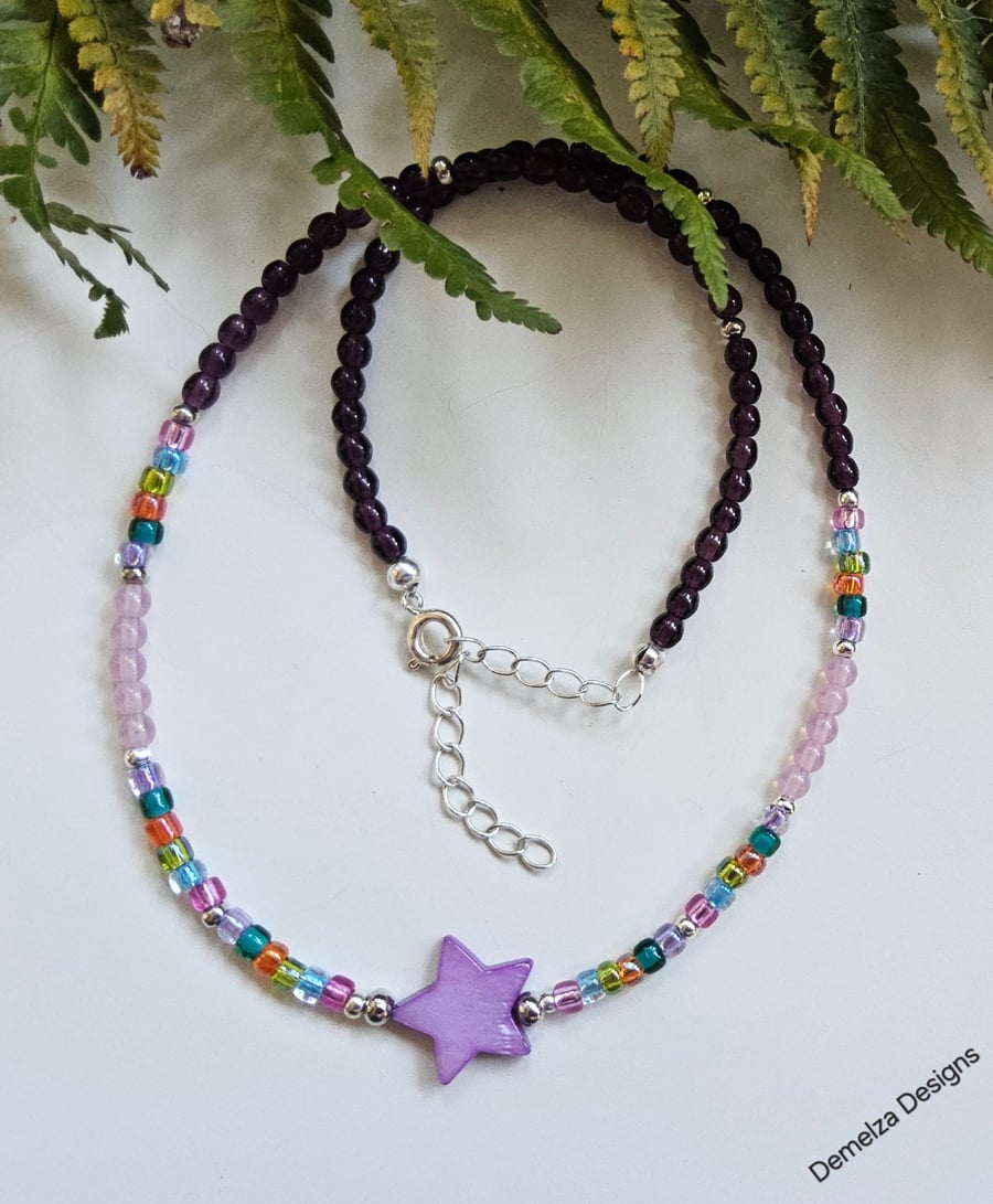 Boho Mother of Pearl Star & Seed Bead Multicoloured Necklace 