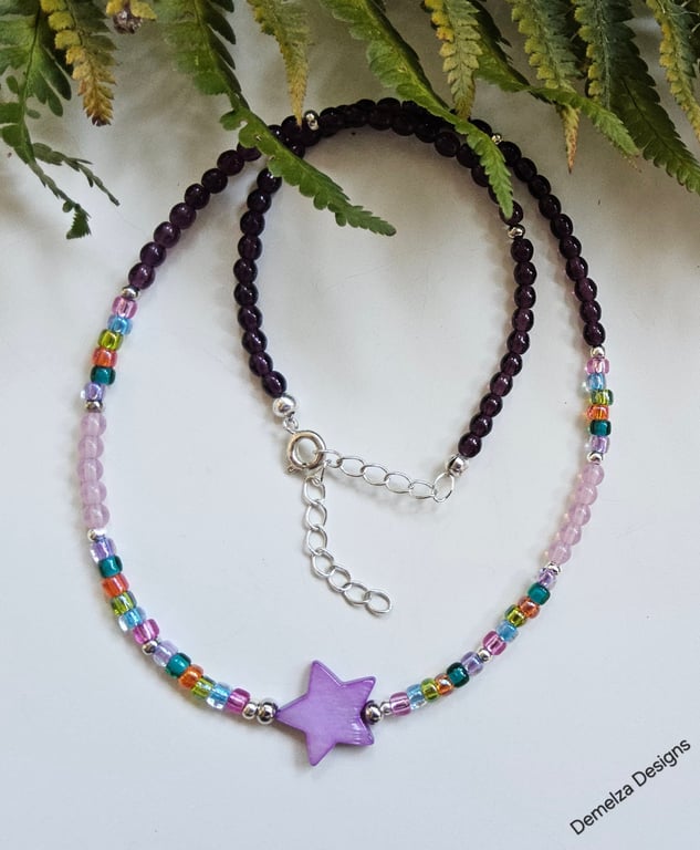 Boho Mother of Pearl Star & Seed Bead Multicoloured Necklace 