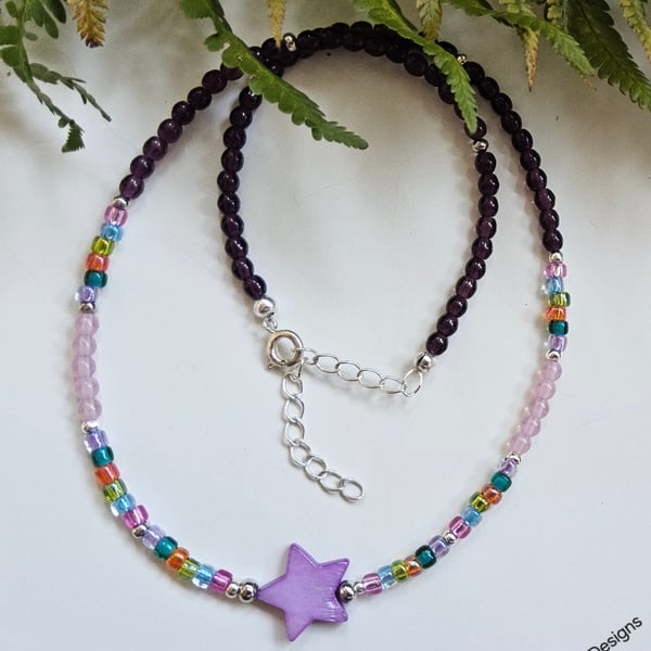 Boho Mother of Pearl Star & Seed Bead Multicoloured Necklace 