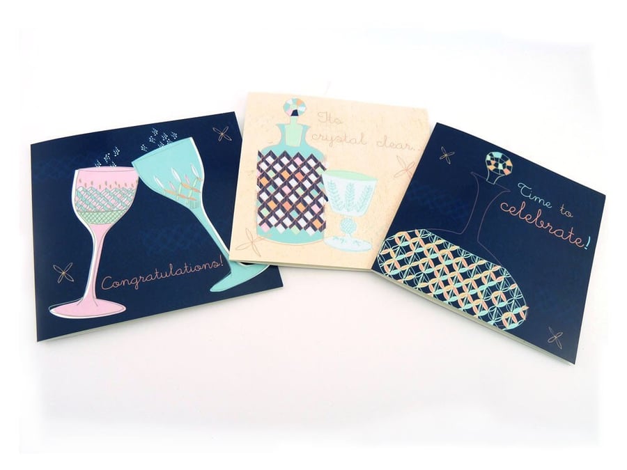 Pack of 3 celebration cards, 1 each of 3 designs, features wine glasses, spirit 