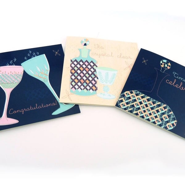 Pack of 3 celebration cards, 1 each of 3 designs, features wine glasses, spirit 