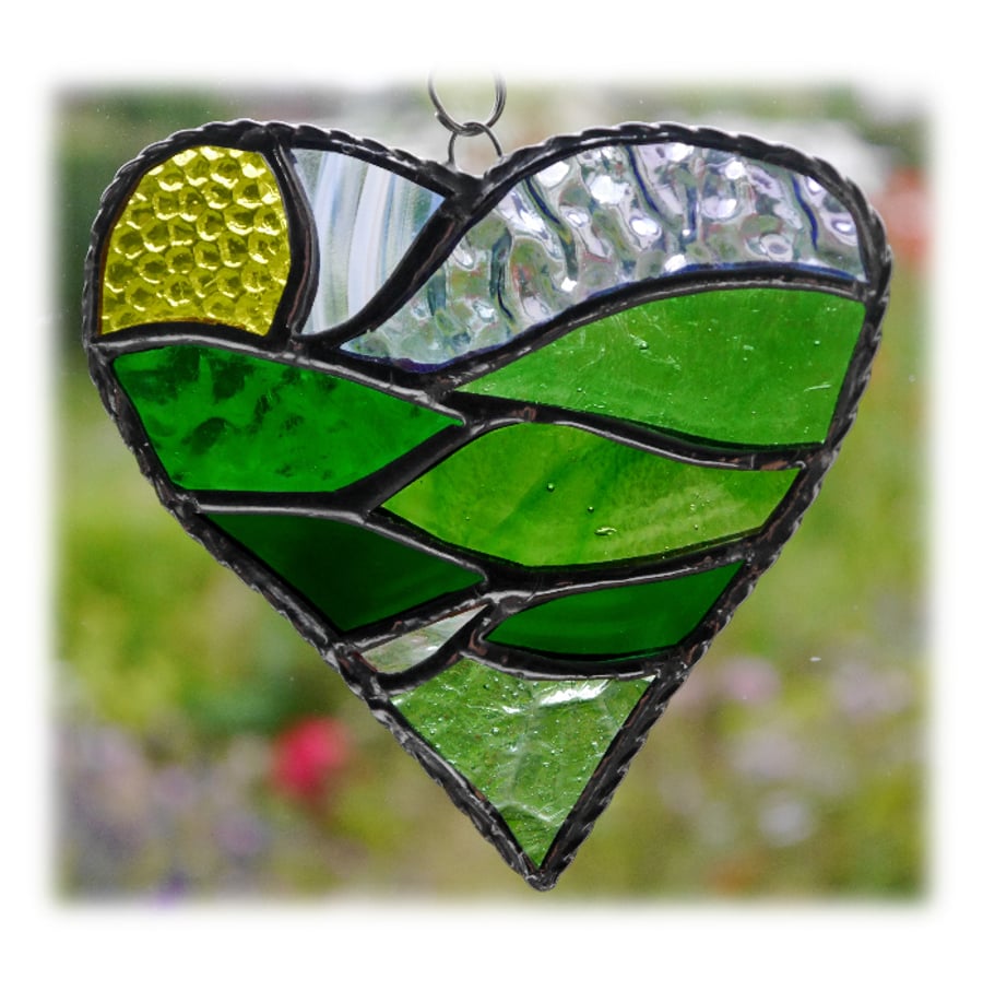 Green Fields Heart Stained Glass Suncatcher Handmade 