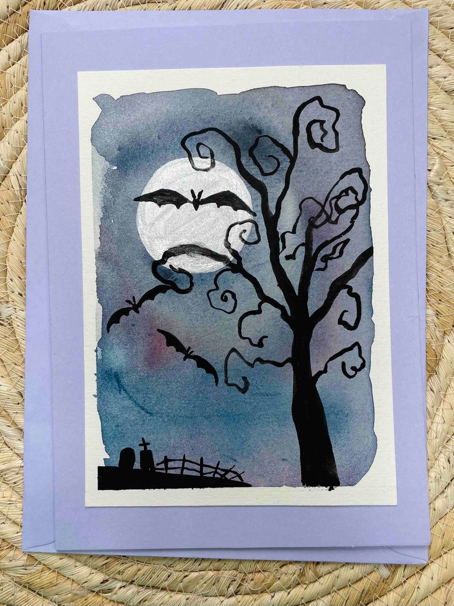Halloween haunted tree - watercolour hand painted card 