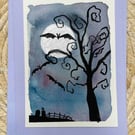 Halloween haunted tree - watercolour hand painted card 