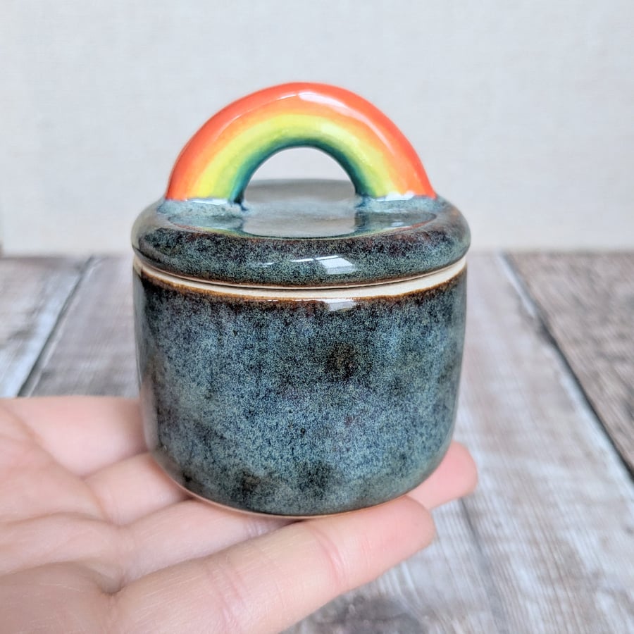 Perfectly imperfect small ceramic lidded pot with rainbow