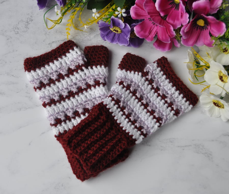 Hand Crochet Fingerless Mitts Gloves Mittens Dark Red White Purple