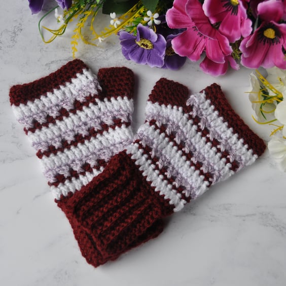 Hand Crochet Fingerless Mitts Gloves Mittens Dark Red White Purple