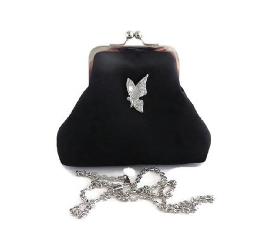 Black velvet crossbody bag with cotton lining , silver kisslock clasp and strap