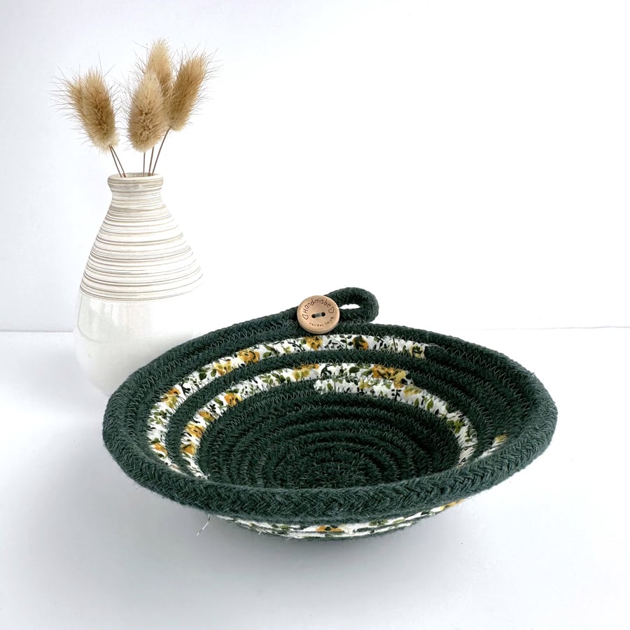 Small Rope Bowl in Forest Green with Fabric Trim
