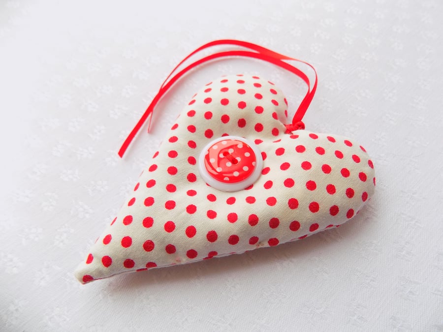 Handmade White and Red Polka Dot  Padded Fabric Love Heart Spotty Button