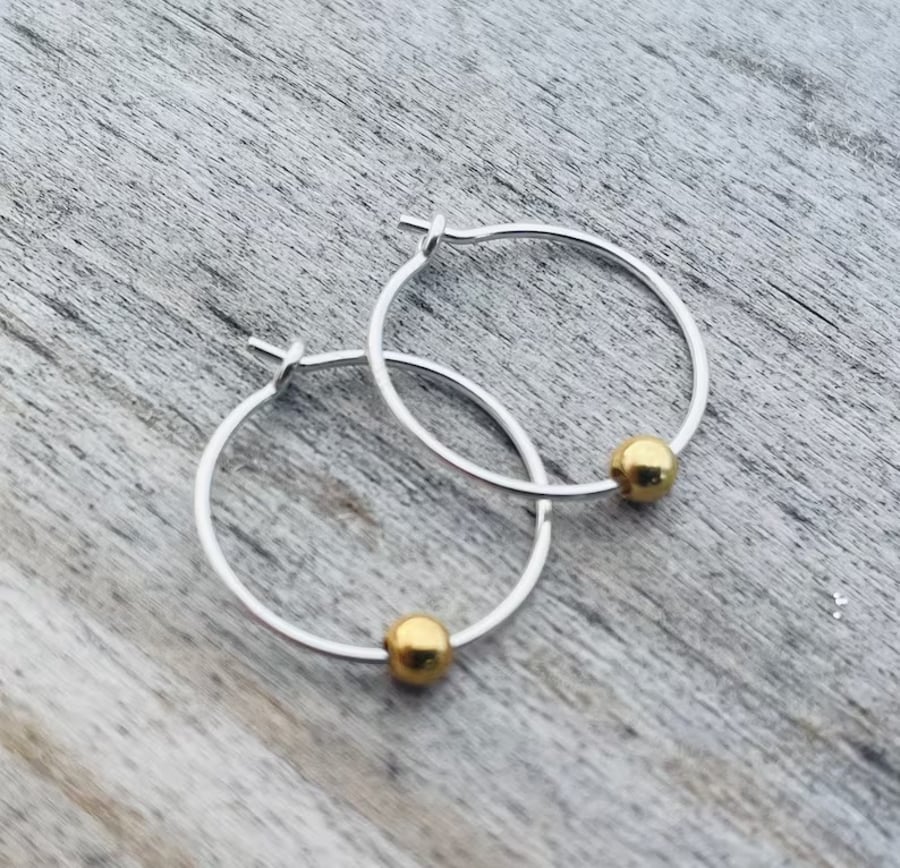 Sterling Silver Hoops with 14k Gold Round Beads, mixed metal earrings