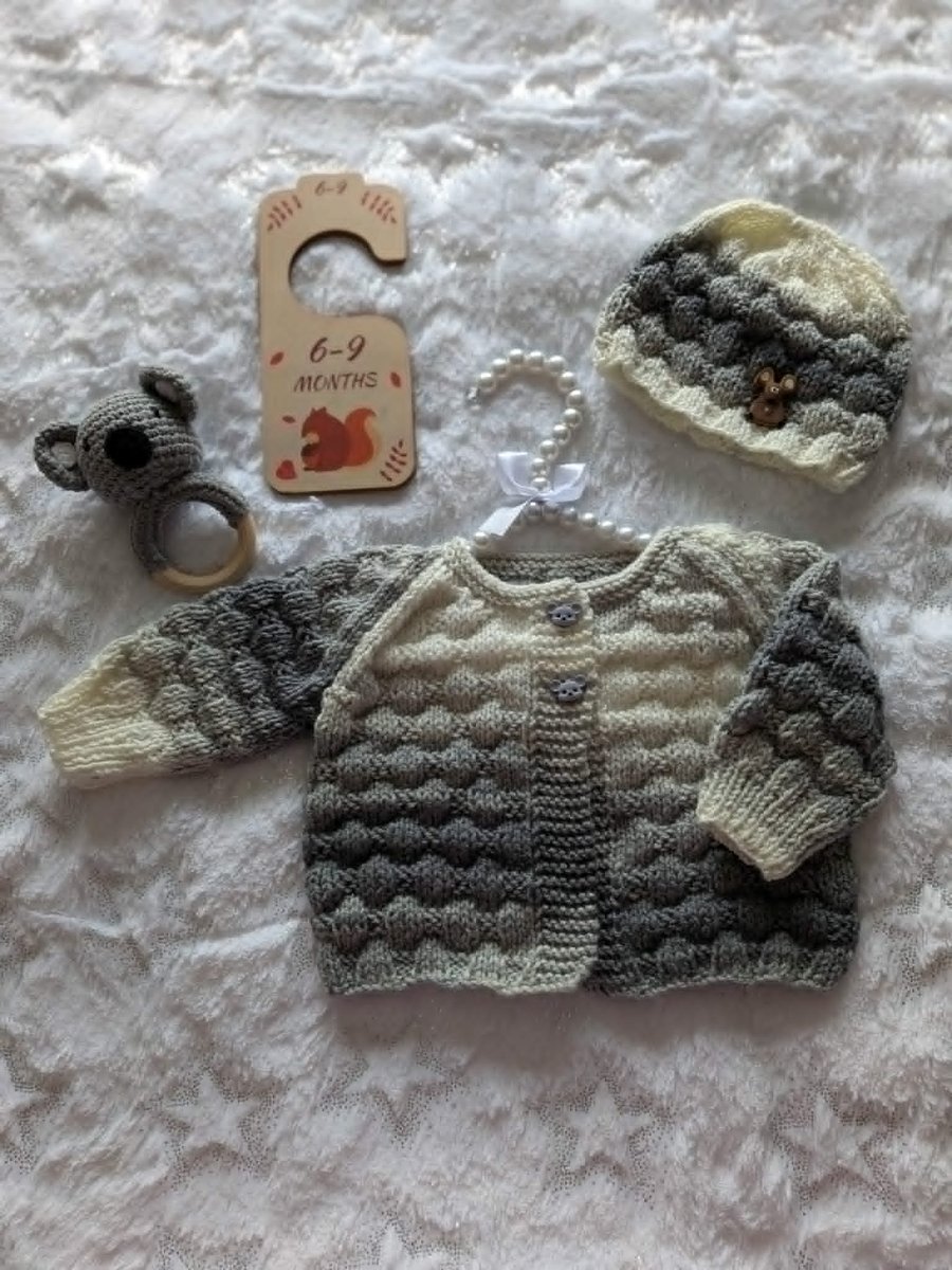 New Hand Knitted Baby Cardigan & Hat 3-6 months