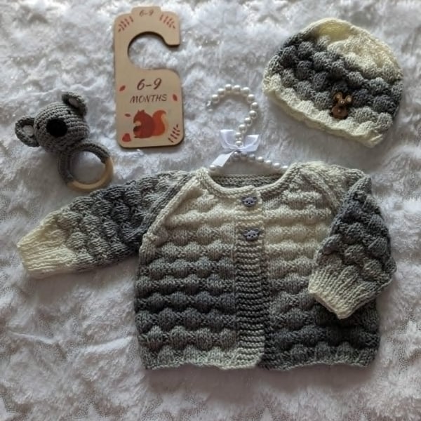 New Hand Knitted Baby Cardigan & Hat 3-6 months
