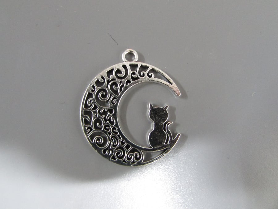 Silver Cat on Moon Jewellery Charm