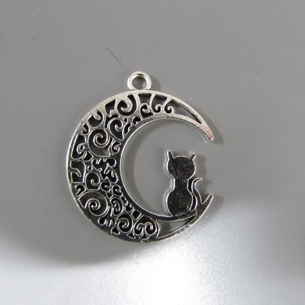 Silver Cat on Moon Jewellery Charm