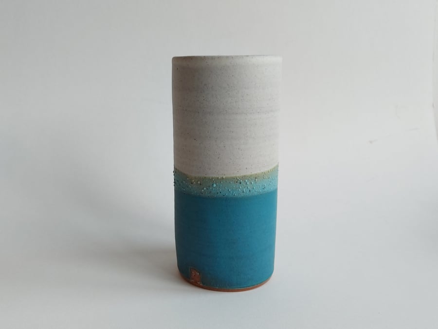 Beautiful large vase handmade thrown stoneware pottery cream, sea blue green