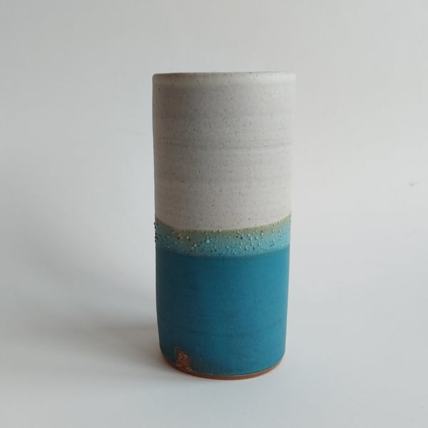 Beautiful large vase handmade thrown stoneware pottery cream, sea blue green