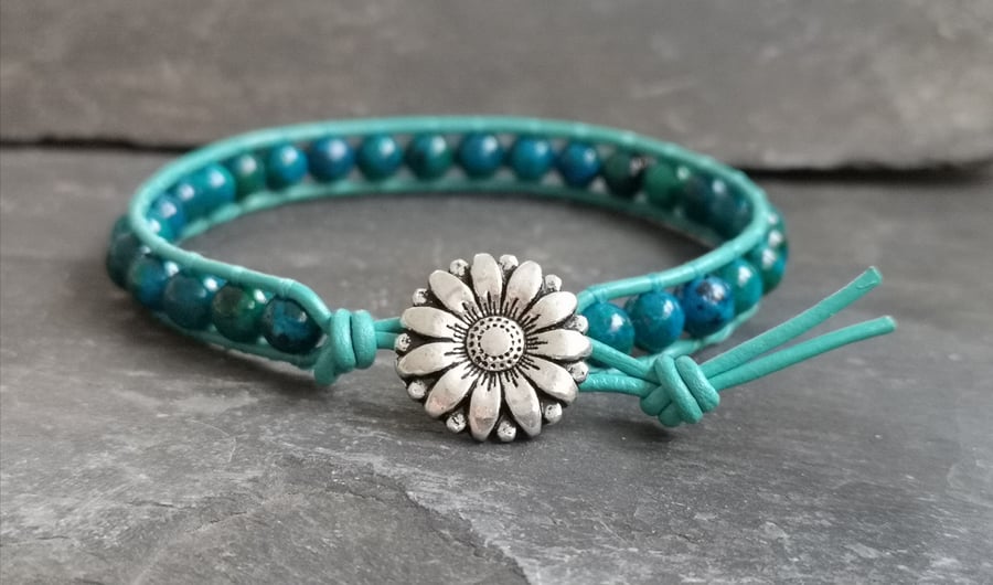 Chrysocolla and leather bracelet with flower button fastener, semi precious gems
