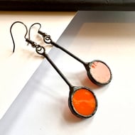 Orange stained glass circular dangle earrings, valentines gift for her
