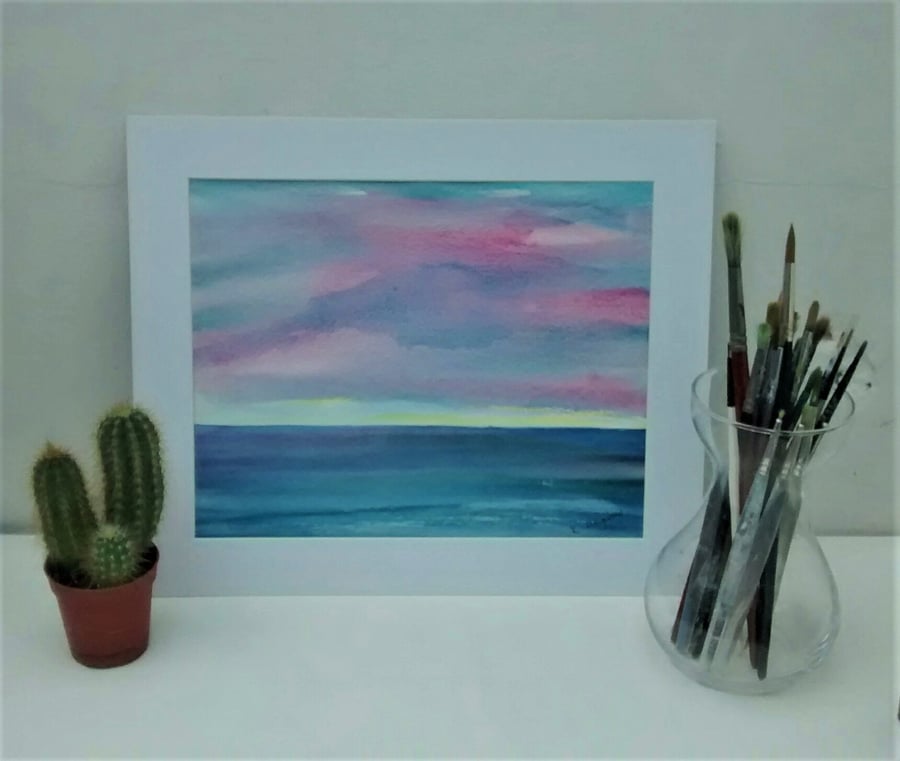 Original Watercolour Seascape Painting, Pink Clouds at Sunset