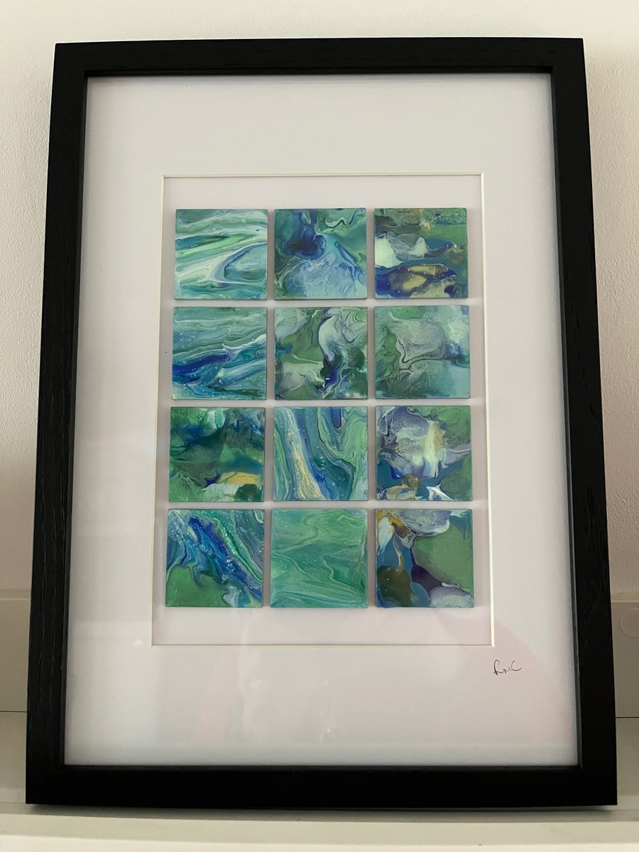 Acrylic Fluid Art Collage on Wood Tiles - Blues and Greens
