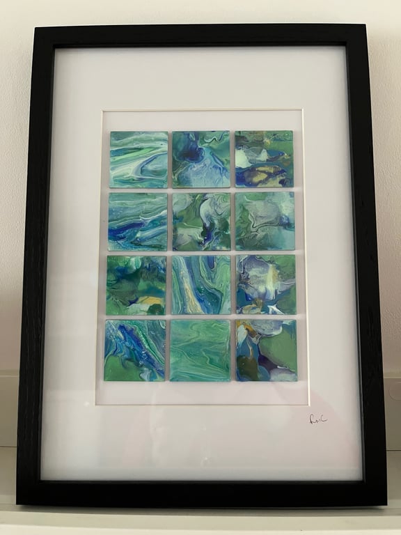 Acrylic Fluid Art Collage on Wood Tiles - Blues and Greens