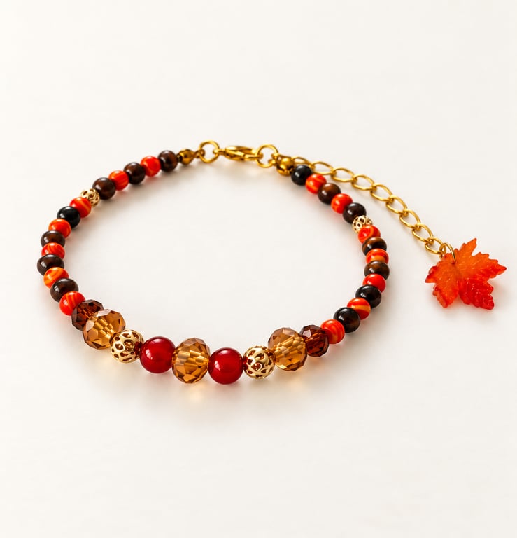 Autumn Beaded Bracelet with Tiger's Eye, Carnelian,Jasper & Maple Leaf Charm