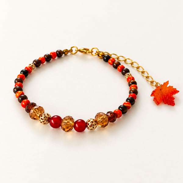 Autumn Beaded Bracelet with Tiger's Eye, Carnelian,Jasper & Maple Leaf Charm