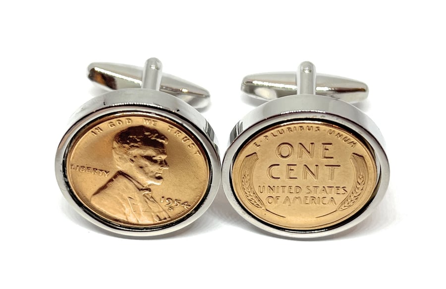 1954 71st Birthday Anniversary 1 cent lincoln coin cufflinks - One cent cufflink