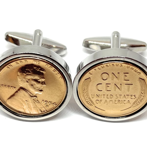1954 71st Birthday Anniversary 1 cent lincoln coin cufflinks - One cent cufflink