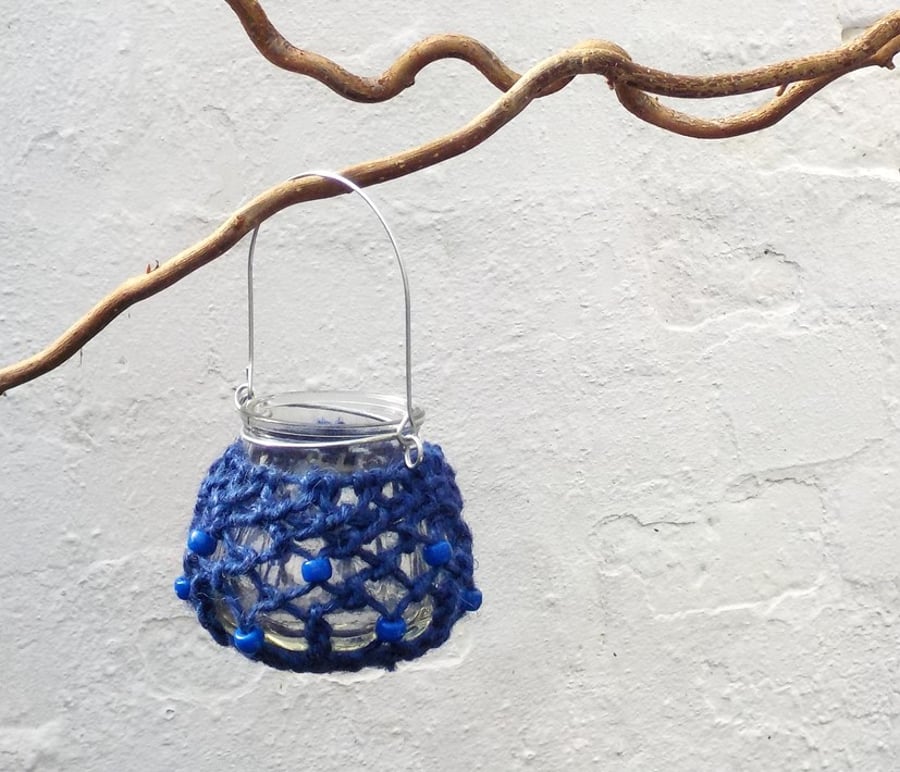 Macrame blue hanging tealight jar candle holder garden light small