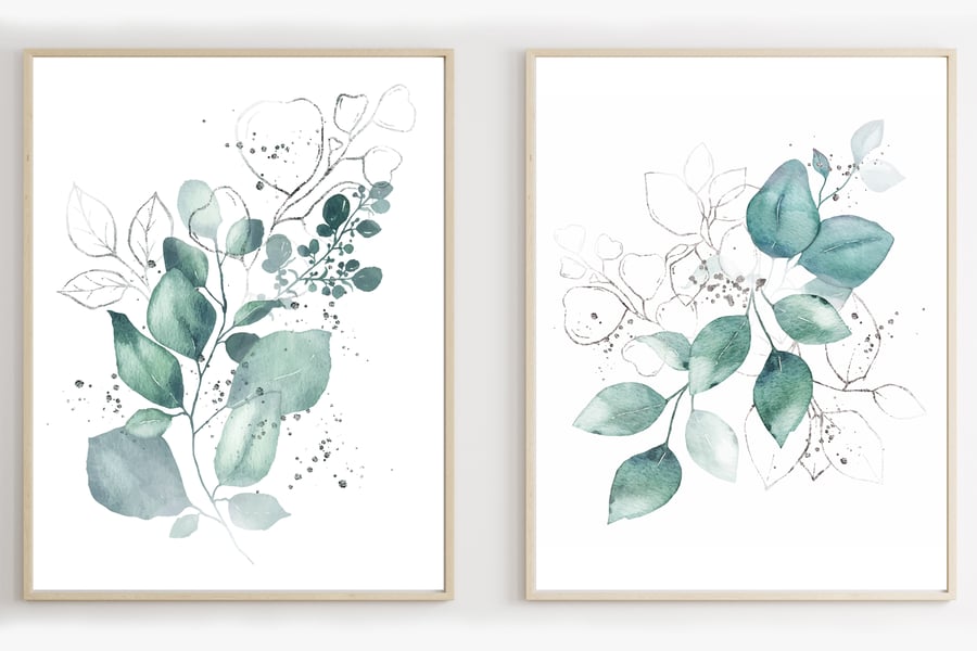Greenery art prints, eucalyptus wall decor, leaf wall art prints
