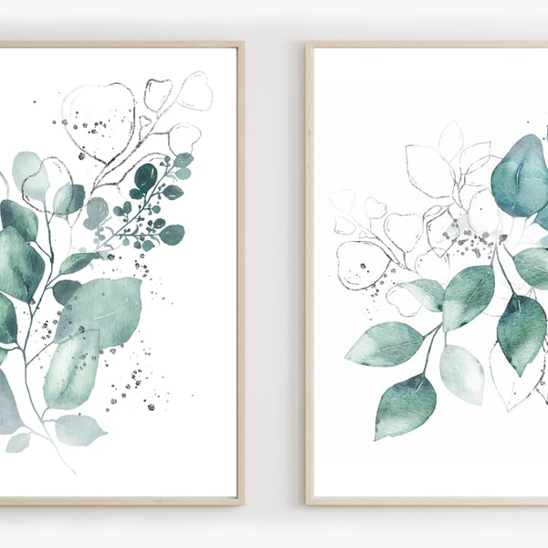 Greenery art prints, eucalyptus wall decor, leaf wall art prints