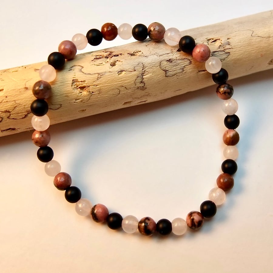 Rhodonite, Rose Quartz And Onyx Bracelet - Handmade in Devon - Free UK P&P