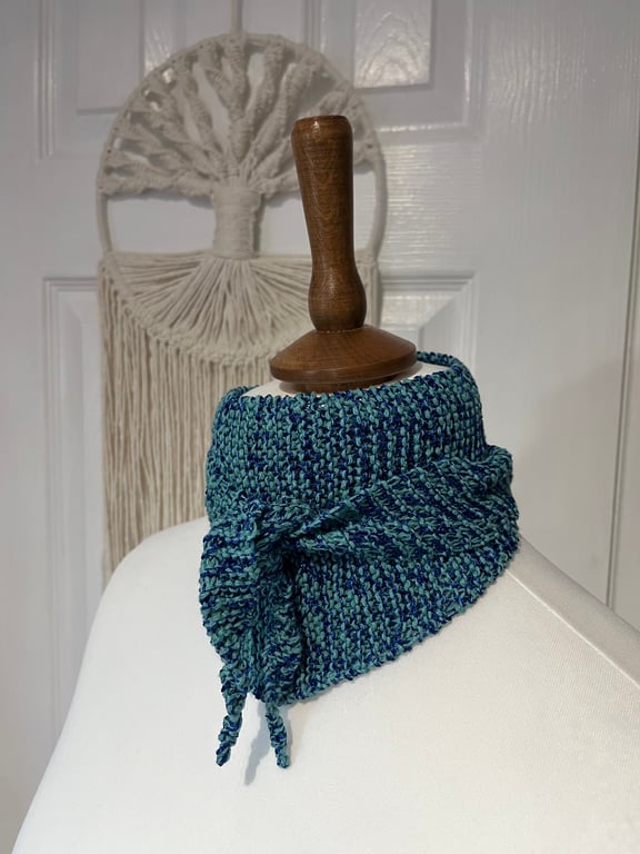 Aqua and dark blue shimmer Cotton Mix Yarn Handknitted Neckerchief 100cms long