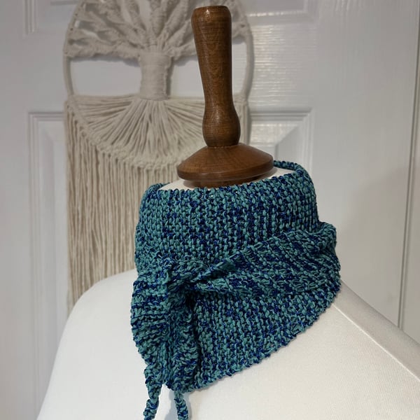 Aqua and dark blue shimmer Cotton Mix Yarn Handknitted Neckerchief 100cms long