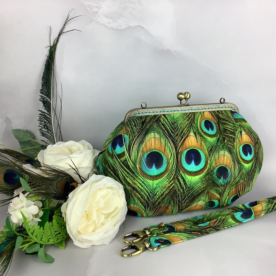 Peacock feathers medium fabric frame clutch handbag, Detachable strap