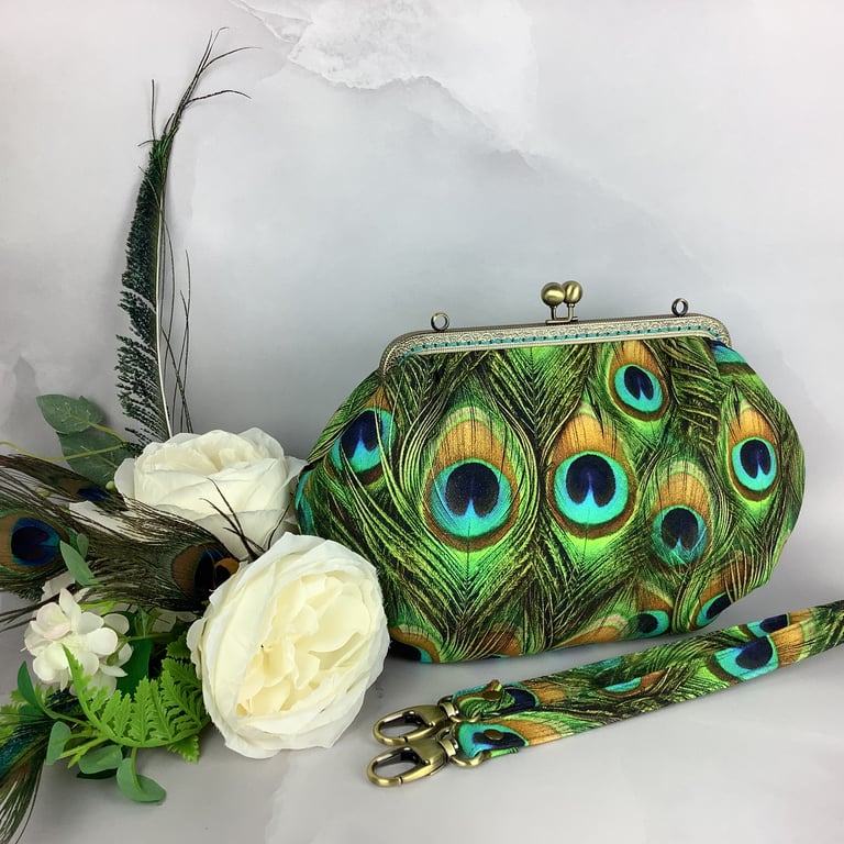 Peacock feathers medium clutch bag, Detachable strap, Handmade